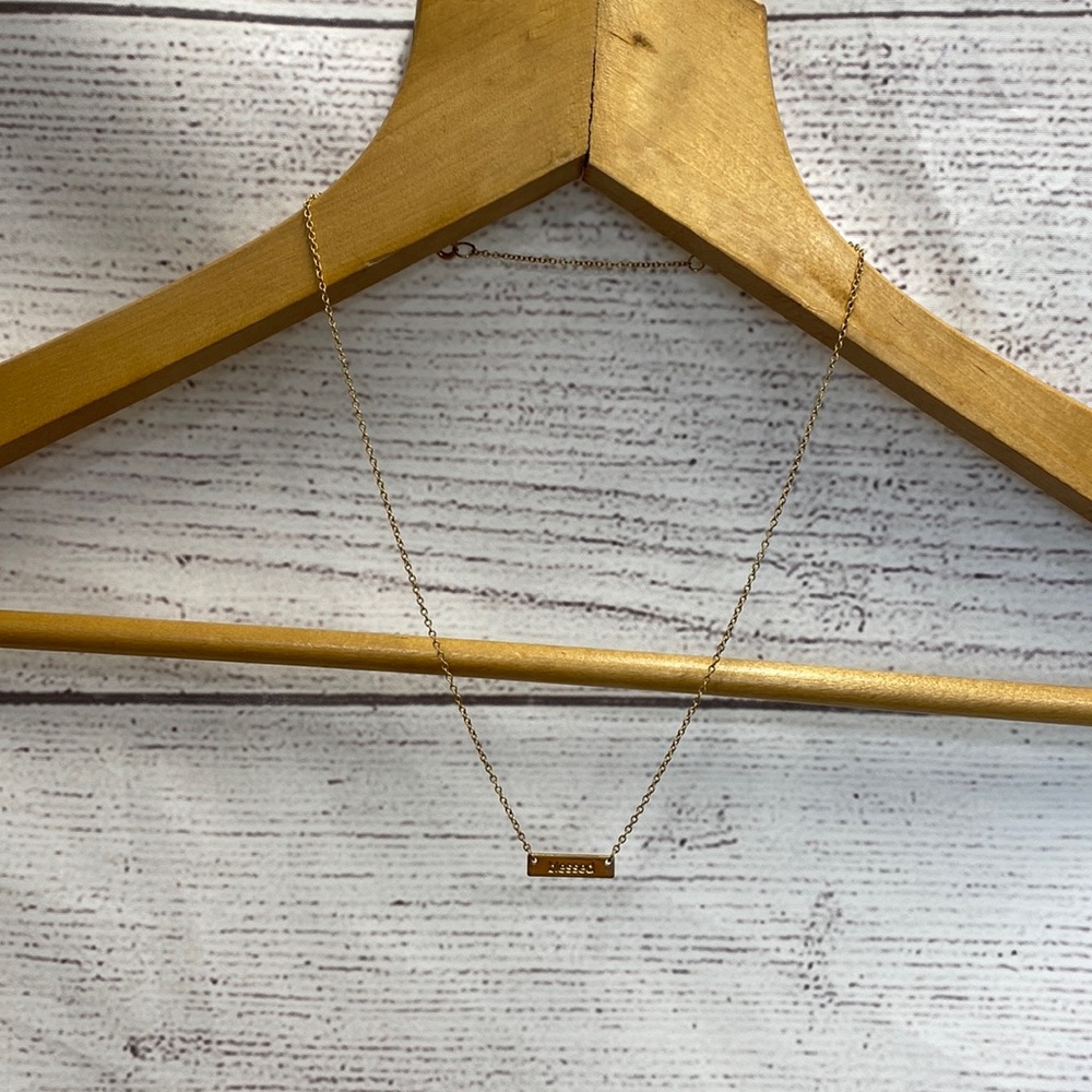 Banana Republic delicate chain necklace with gold rectangle "Blessed" $45